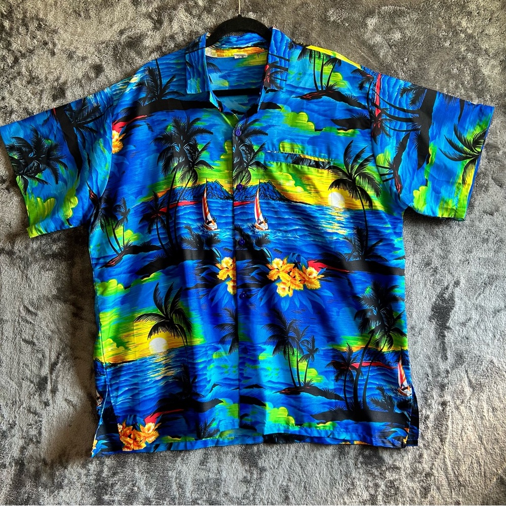 Rima Hawaiian Shirt Mens XL Blue Tropical Palm Tree Beach Camp Button Up